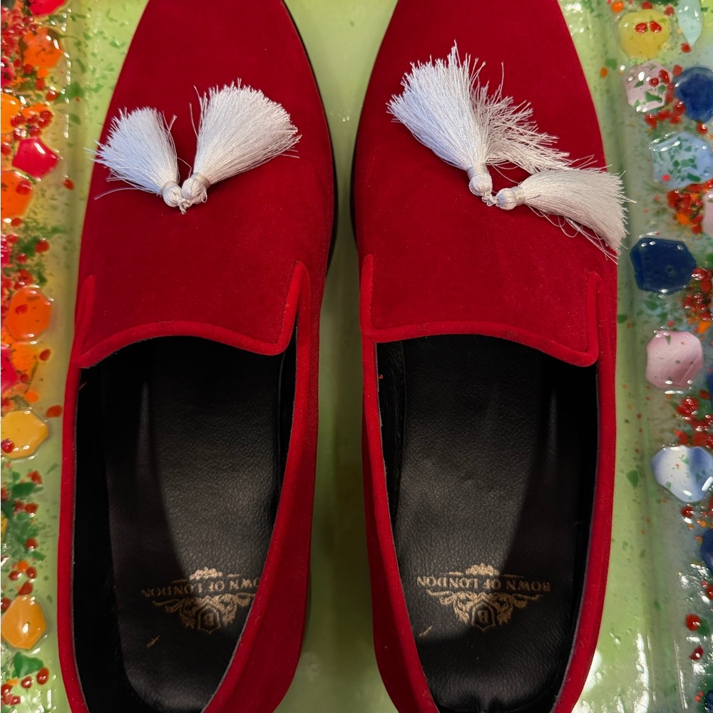 Handmade Velvet Loafers/Slippers with White Tassels By Bown of London